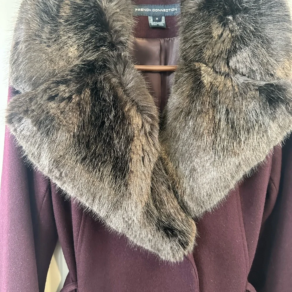 French Connection Belted Coat with Faux Fur Trim - Picture 4 of 8